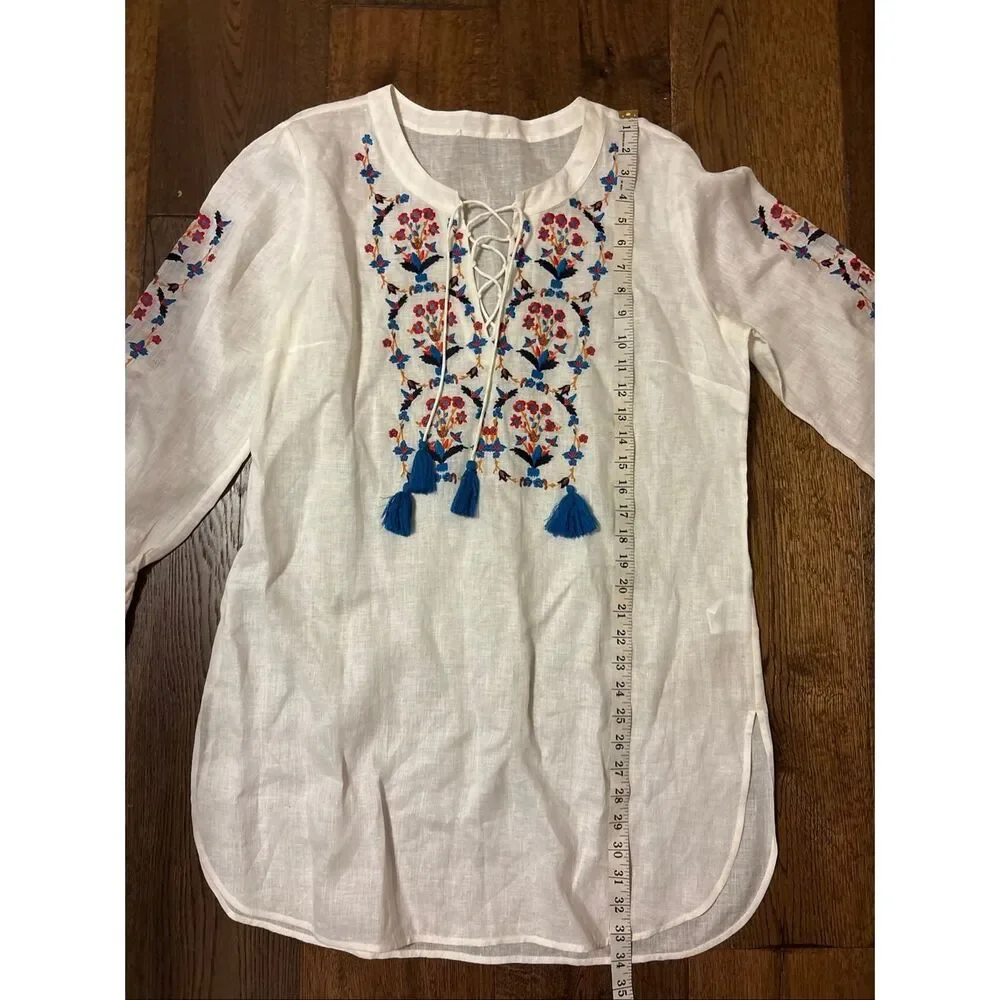 Tory Burch white linen swim cover up tunic M embroidered coastal beach
